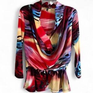 Y2K AZI JEANS Bold Abstract Cowl Mesh Blouse Tie Waist Artsy Avant Garde | Sz L